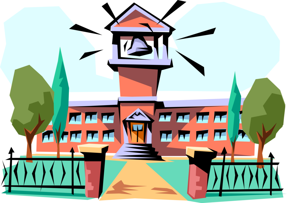 Vector Illustration of School Building with School Bell Clanging