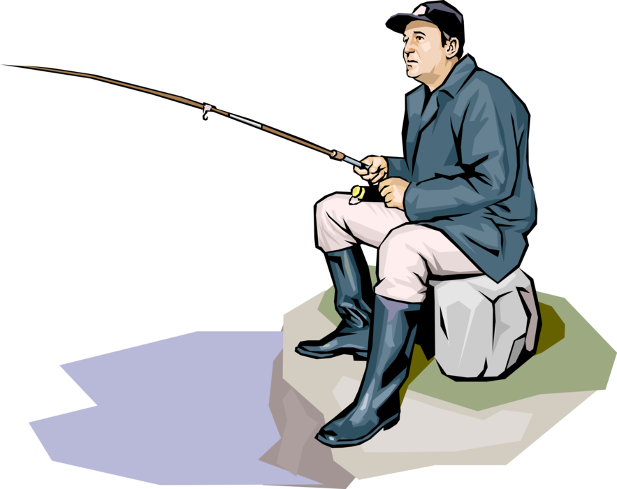 Vector Illustration of Sport Fisherman Angler Sits on Rock While Fishing