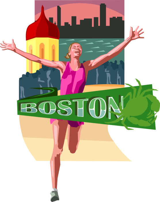 Vector Illustration of Boston Marathon Runner Crosses the Finish Line