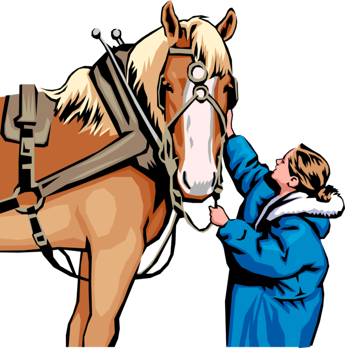 Vector Illustration of Equine Equestrain Work Horse with Woman Adjusting Bridle