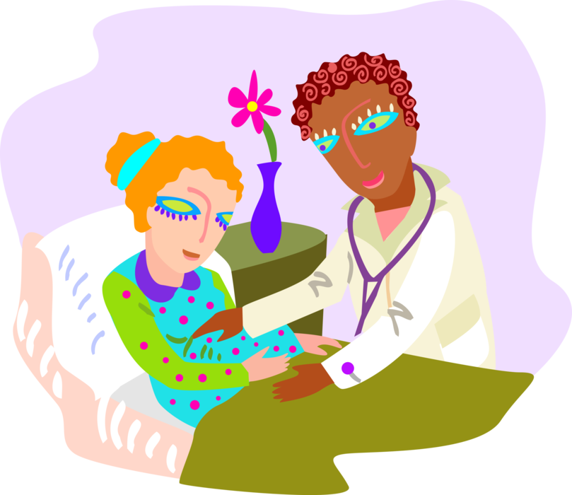 Vector Illustration of Health Care Nurse Provides Care to Pregnant Mother Patient in Hospital Bed