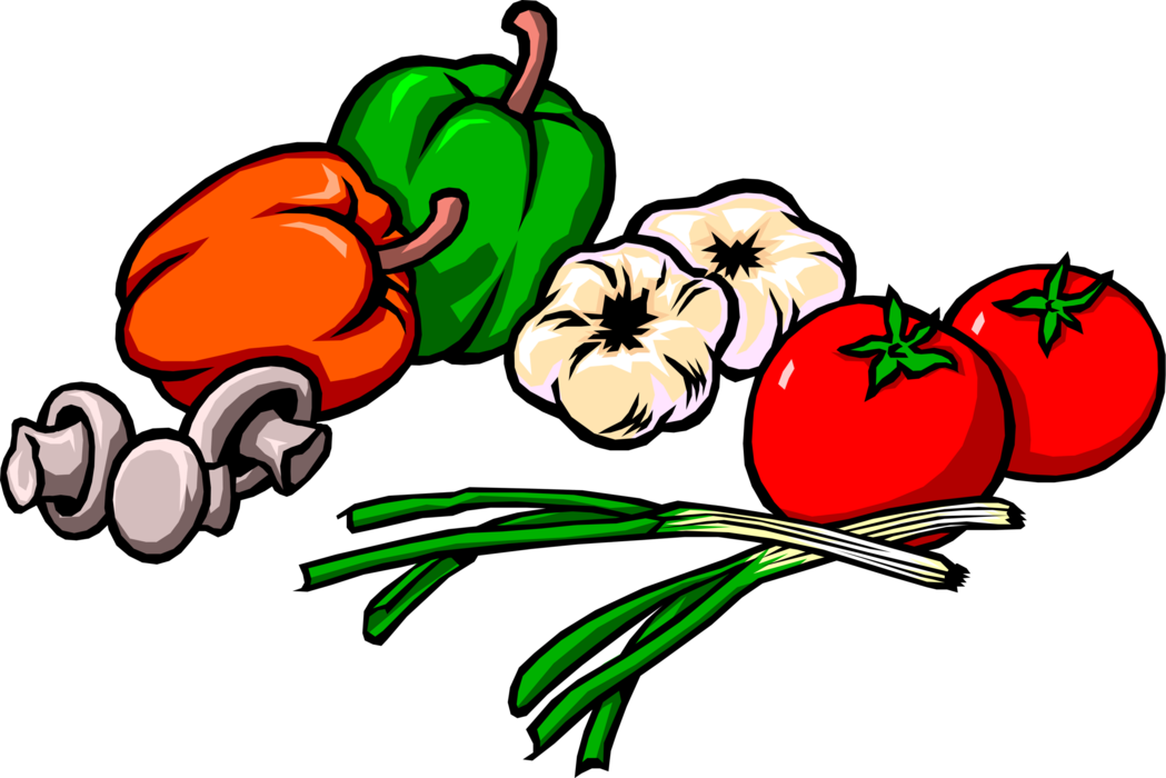 Vector Illustration of Assorted Vegetables Peppers with Onions, Tomatoes, Garlic and Mushrooms