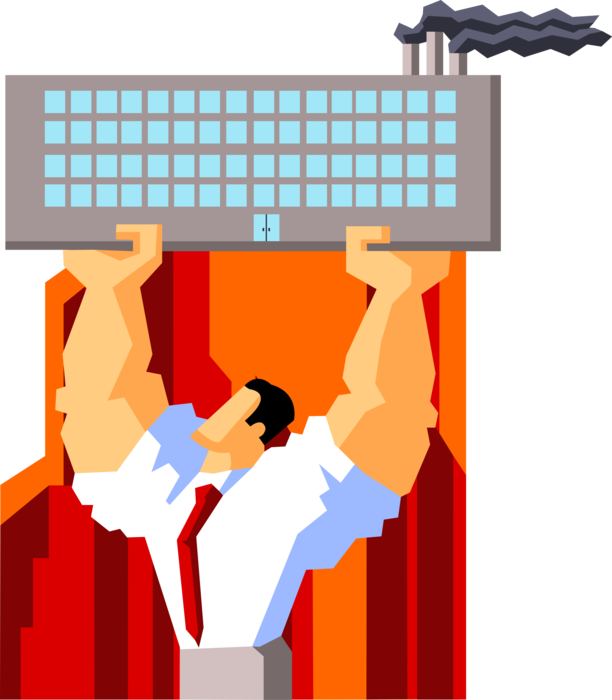 Vector Illustration of Powerful Businessman with Jacked Biceps and Forearms Holding Up Factory