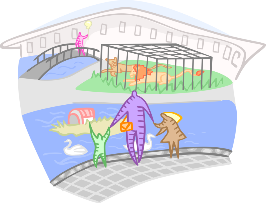 Vector Illustration of Family Outing Day at the Zoo with Lions and Swans