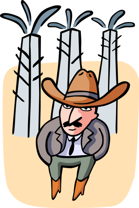 Vector Illustration of Texas Oil Tycoon with Gushing Derrick Drilling Wells 