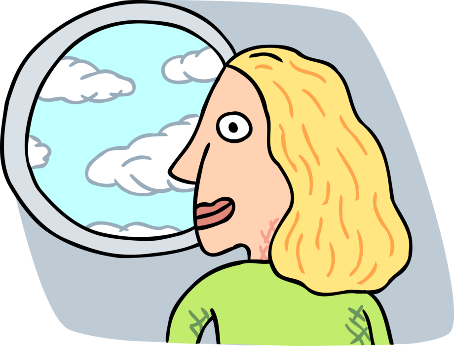 Vector Illustration of Air Travel Passenger in Flight Looks Out Window Airplane