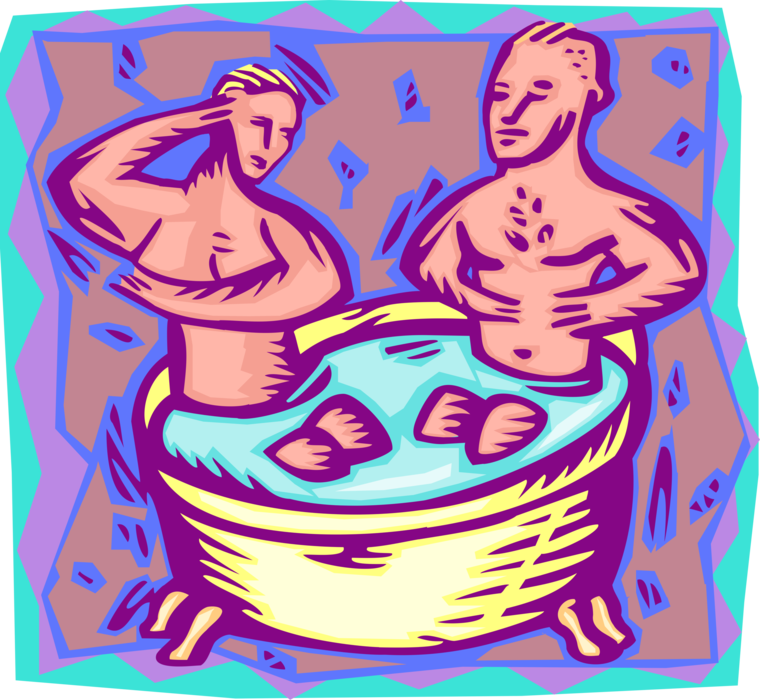 Vector Illustration of Rub-a-Dub-Dub, Couple Share Tub