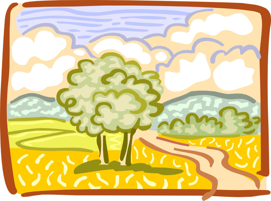 Vector Illustration of Country Landscape with Trees and Hills