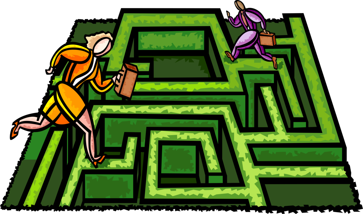 Vector Illustration of Office Workers Caught in Maze Labyrinth with Walls and Passageways