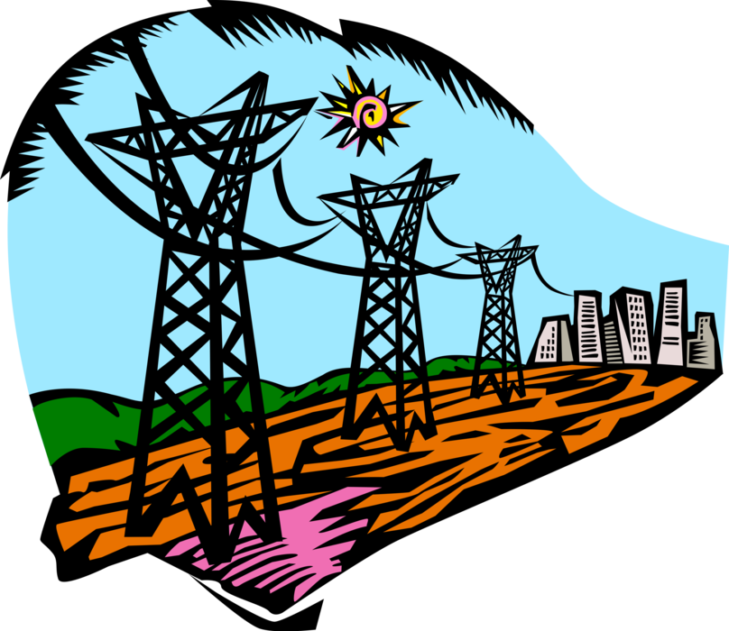 Vector Illustration of Transmission Towers Carry Electrical Power Lines to Distribute Electricity