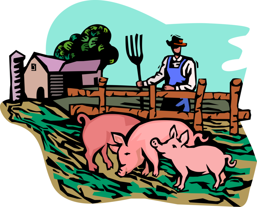 Vector Illustration of Farmer with Farm Livestock Pigs in Pigsty Pigpen on Farm