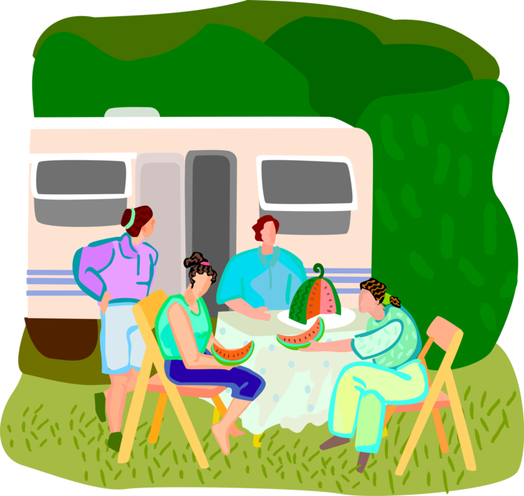 Vector Illustration of Summer Vacation Picnic with Camping Trailer and Watermelon