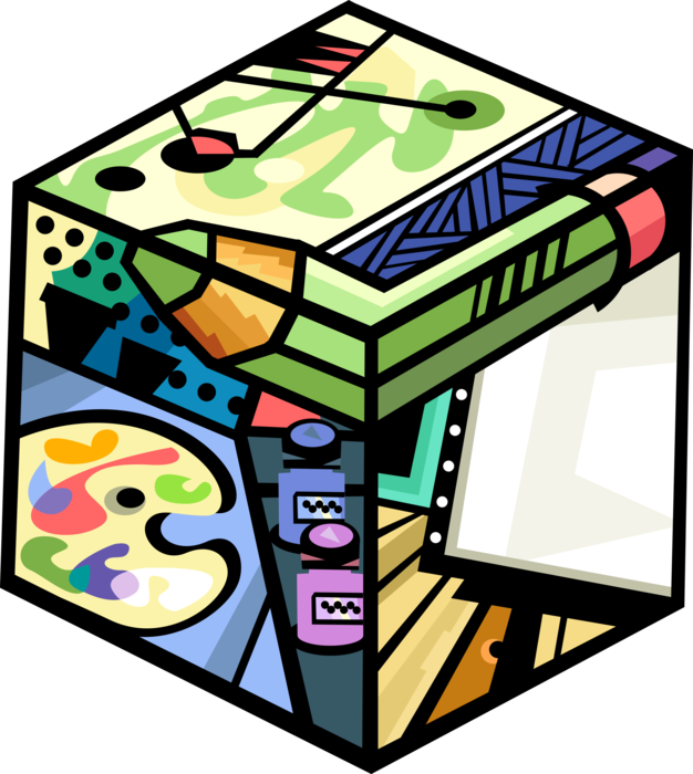 Vector Illustration of Creative Arts with Artist's Palette and Paints, Easel and Canvas