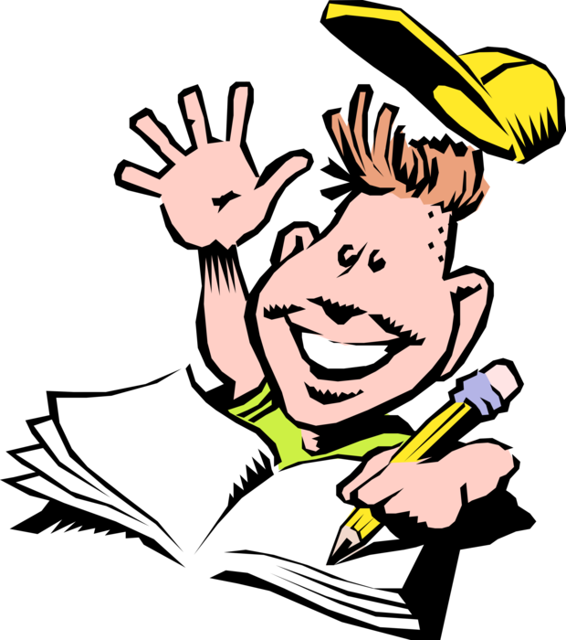 Vector Illustration of Student with Pencil and Workbook in School Classroom Raising His Hand
