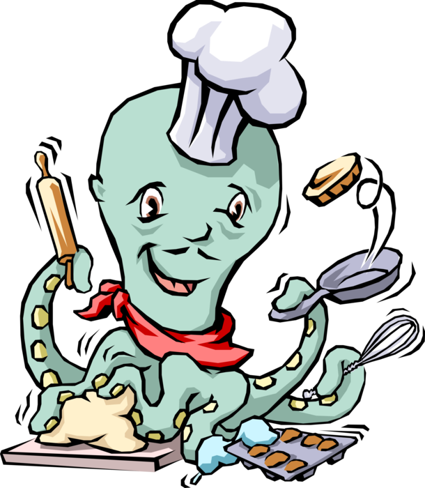 Vector Illustration of Giant Octopus Cephalopod Mollusc or Mollusk Chef Multitasking Meal Preparation