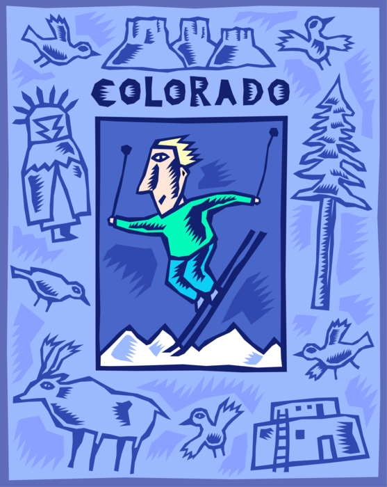 Vector Illustration of Colorado State Postcard Design Has it All with Downhill Alpine Skier