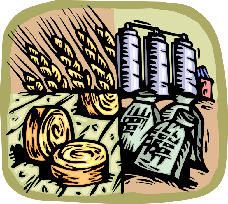 Vector Illustration of Agriculture Industry Wheat Production with Grain, Silos, Alfalfa Hay Bales and Crops