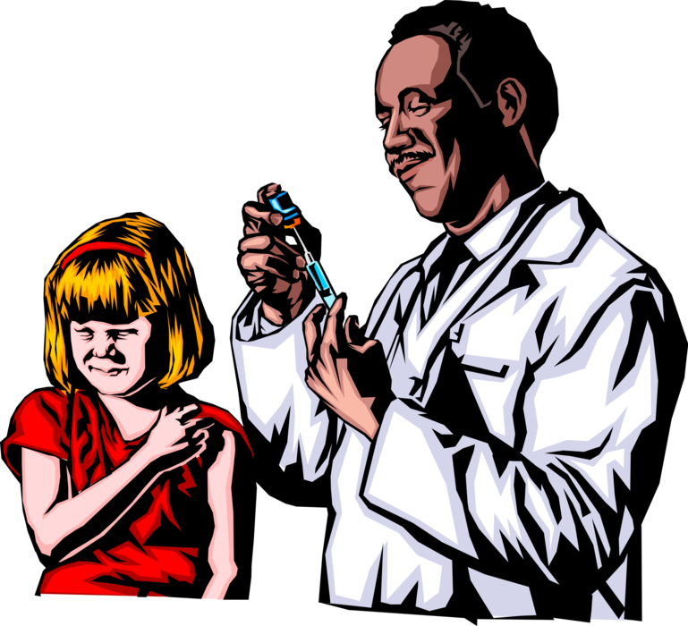 Vector Illustration of Young Girl Gets Hypodermic Needle Inoculation Vaccination from Doctor