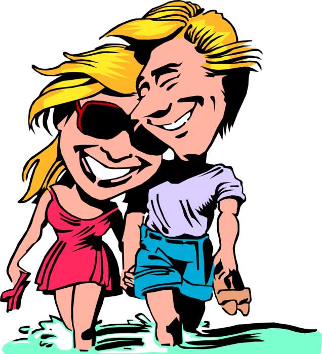 Vector Illustration of Male and Female Couple on Vacation Stroll on Beach with Ocean