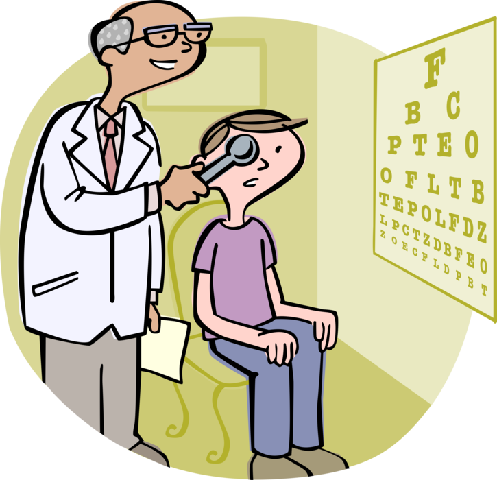 Vector Illustration of Optometrist Gives Eye Test to Young Boy During Eyesight Examination