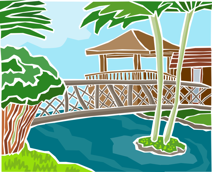 Vector Illustration of Tropical Resort Setting with Palm Trees and Bridge