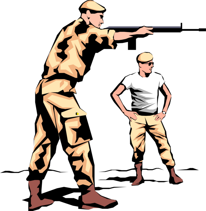Vector Illustration of Armed Forces Military Combat Soldier Learns to Fire Weapon