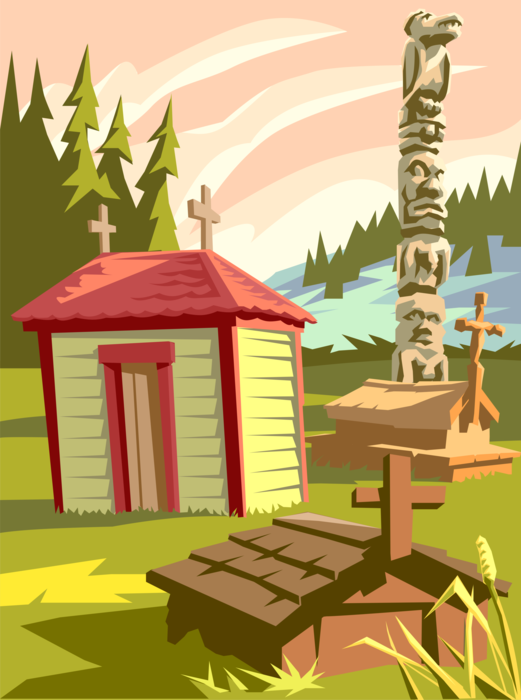 Vector Illustration of North American Indigenous Native People's Burial Cemetery with Totem