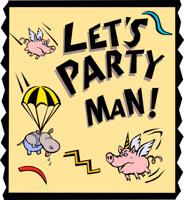Vector Illustration of Let's Party! Hippopotamus with Flying Pigs