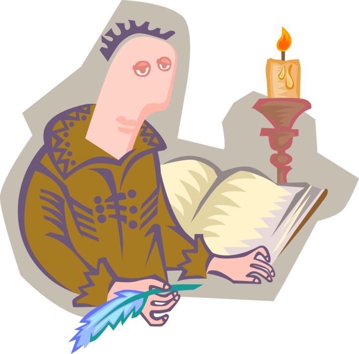 Vector Illustration of Monk with Feather Quill Pen Writes in Manuscript Book by Candlelight