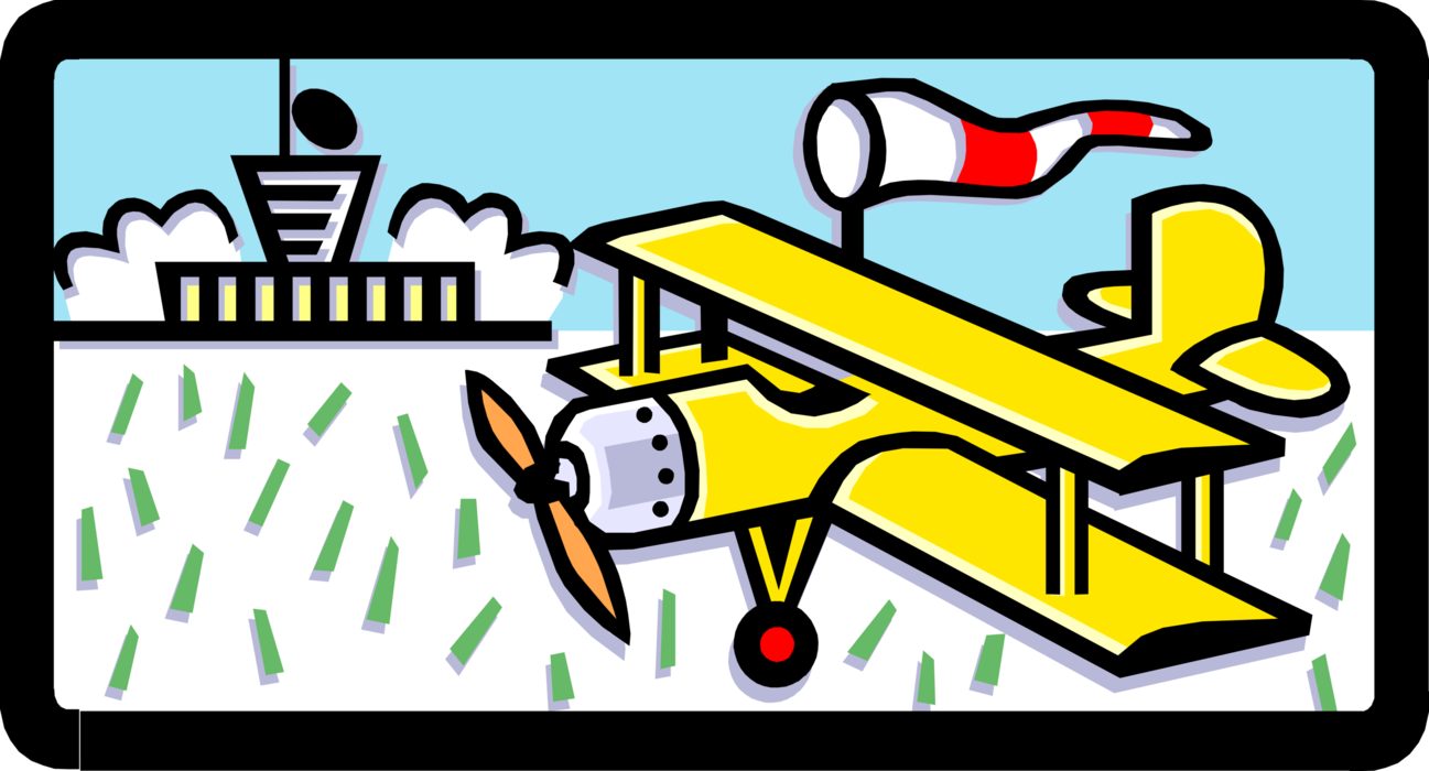 Vector Illustration of Biplane Fixed-Wing Aircraft with Two Main Wings with Airport and Windsock