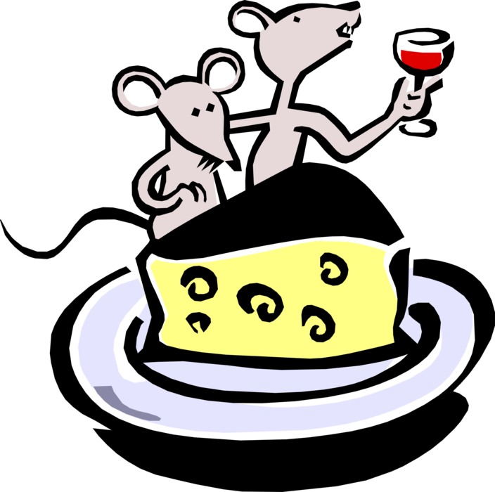 Vector Illustration of Cartoon Mice Dining on Wine and Cheese