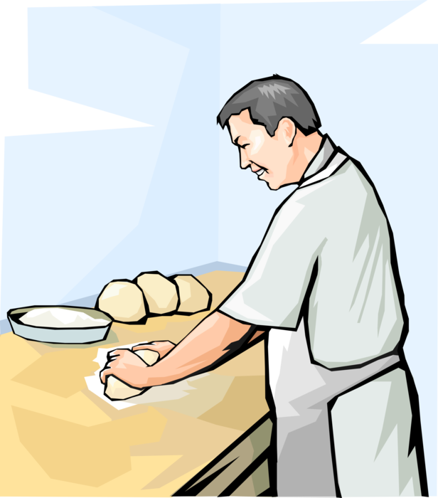 Vector Illustration of Baker Rolling Dough to Create Fresh Baked Bread