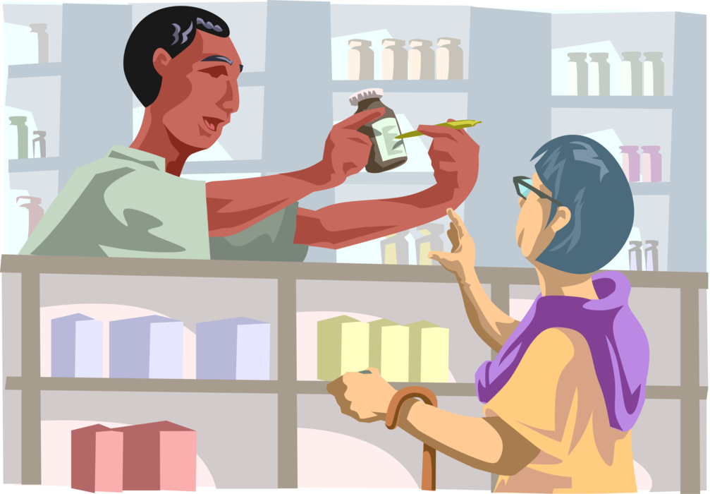 Vector Illustration of Pharmacy Pharmacist Provides Medication Information Assistance to Customer