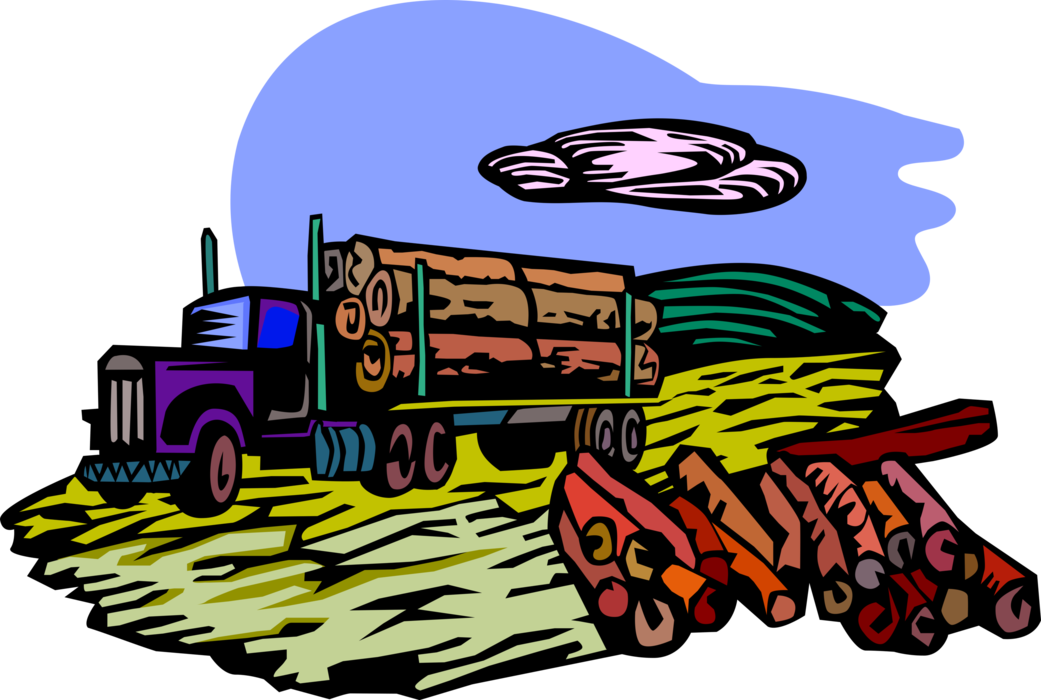 Vector Illustration of Forestry Industry Logging Lumber Truck with Tree Logs