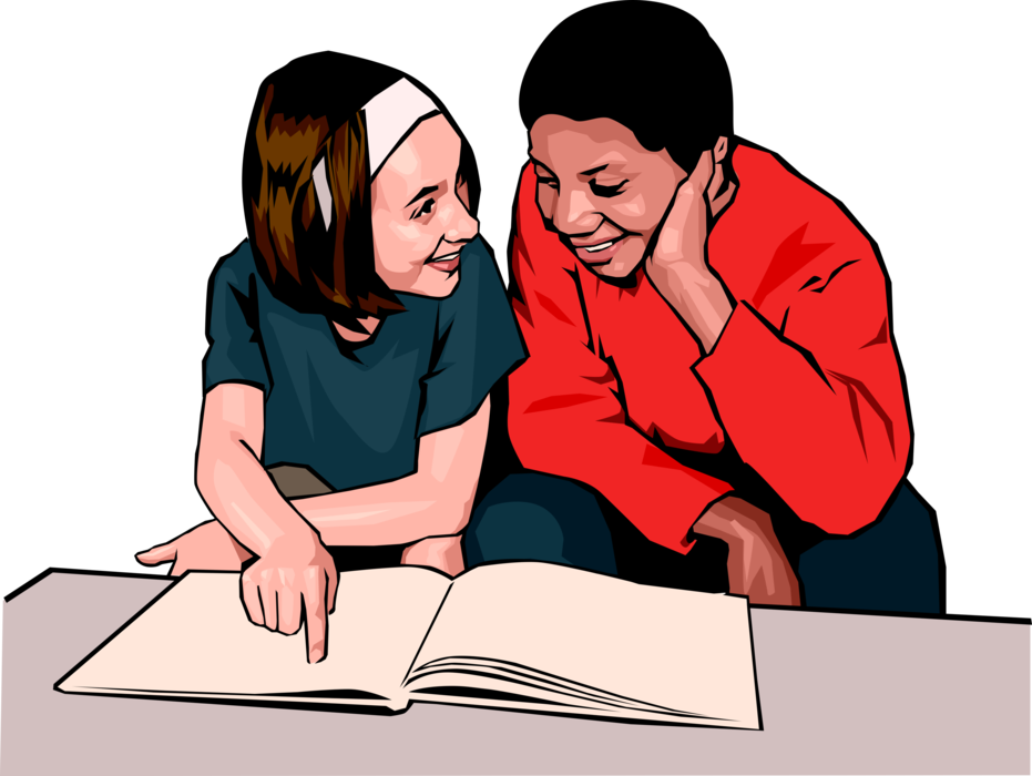 Vector Illustration of Students Study Together Examining School Book