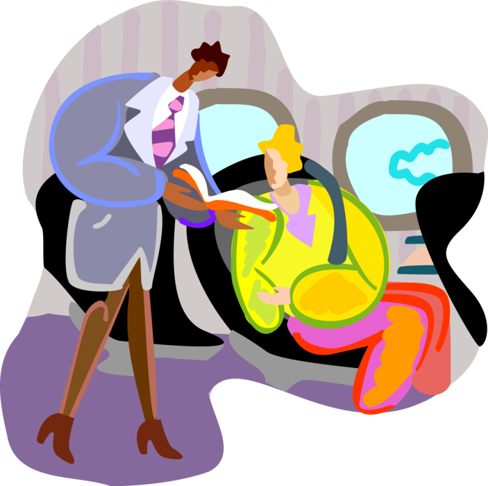 Vector Illustration of Airline Stewardess Hostess with Airline Traveler in Airplane Cabin