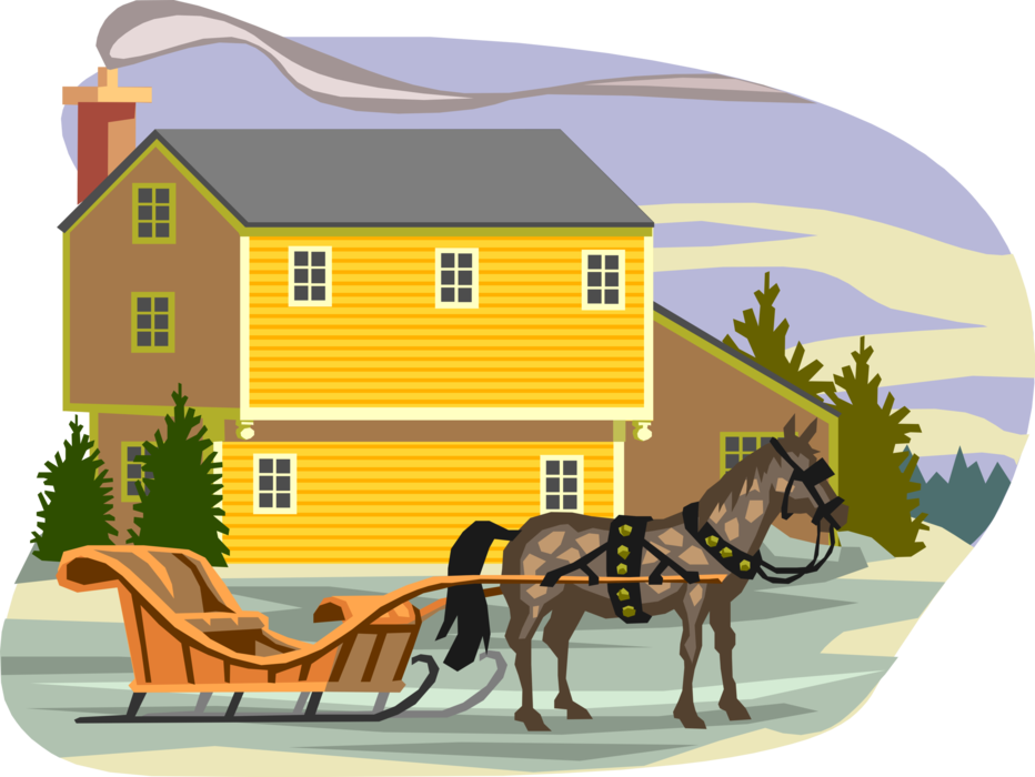 Vector Illustration of Winter Scene with House and Horse Drawn Sleigh
