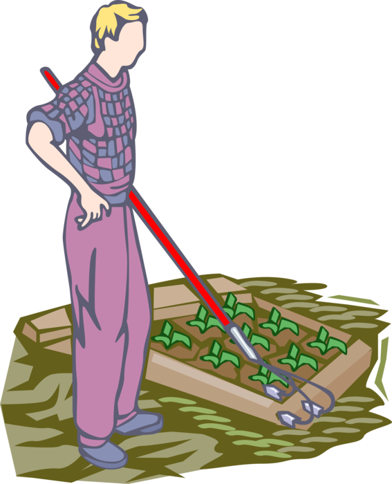 Vector Illustration of Gardener with Soil Tiller Gardening Vegetable Garden Plot