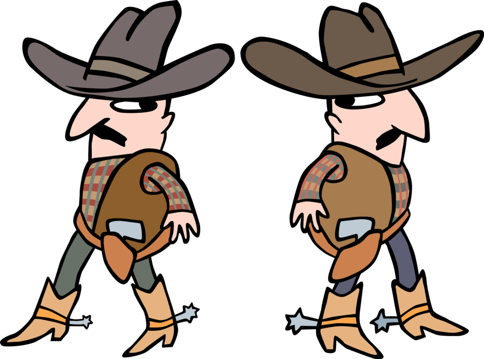 Vector Illustration of Western Adversary Cowboys in Standoff Prepare to Draw Their Guns in Shootout