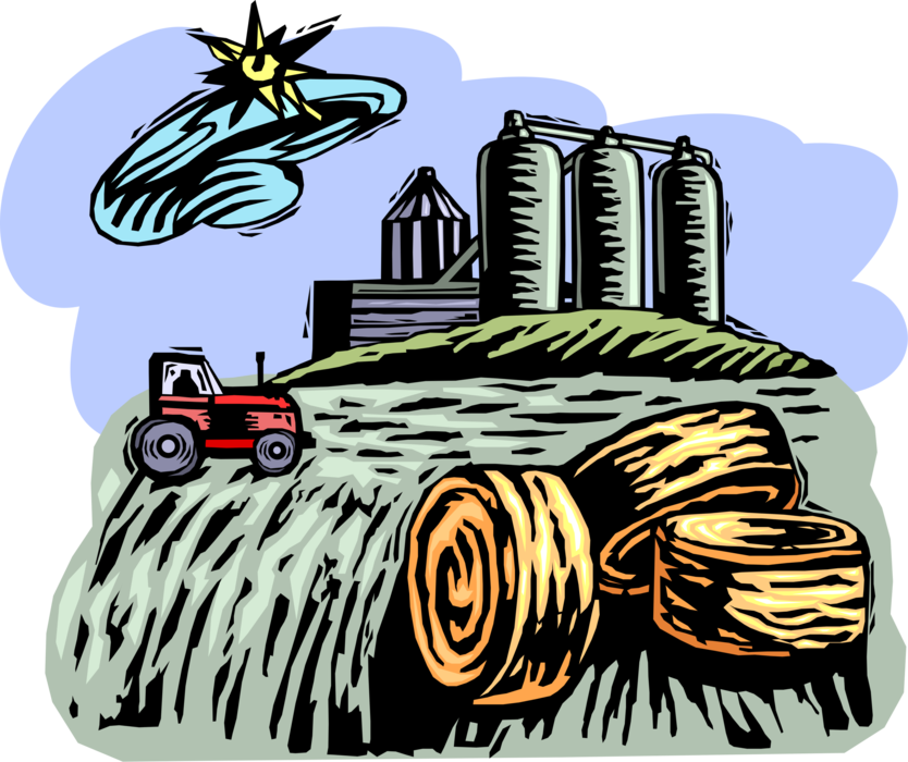 Vector Illustration of Farm Tractor with Alfalfa Hay Bales and Grain Storage Silos
