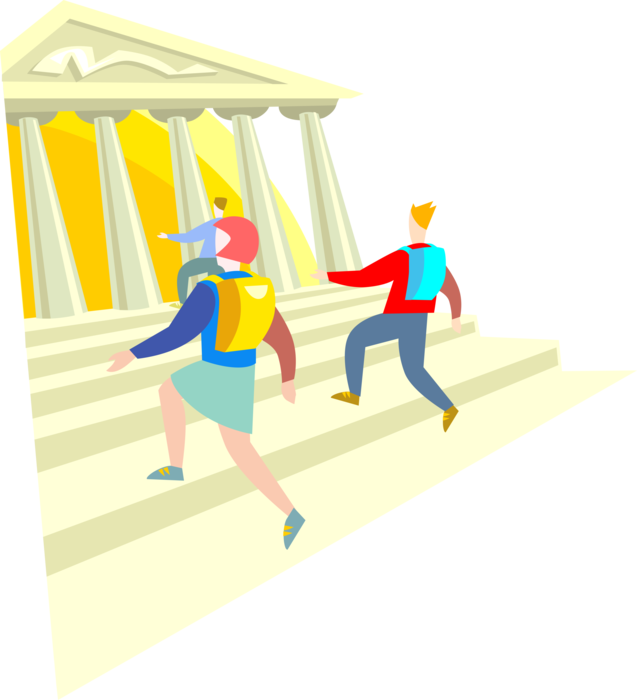 Vector Illustration of Students Arrive at University for Higher Learning and Education