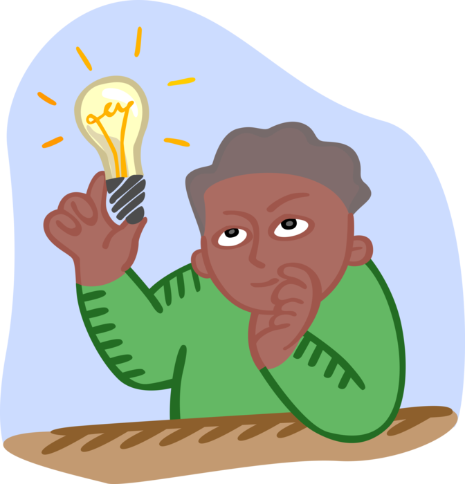 Vector Illustration of School Classroom Student with Good Idea Electric Light Bulb