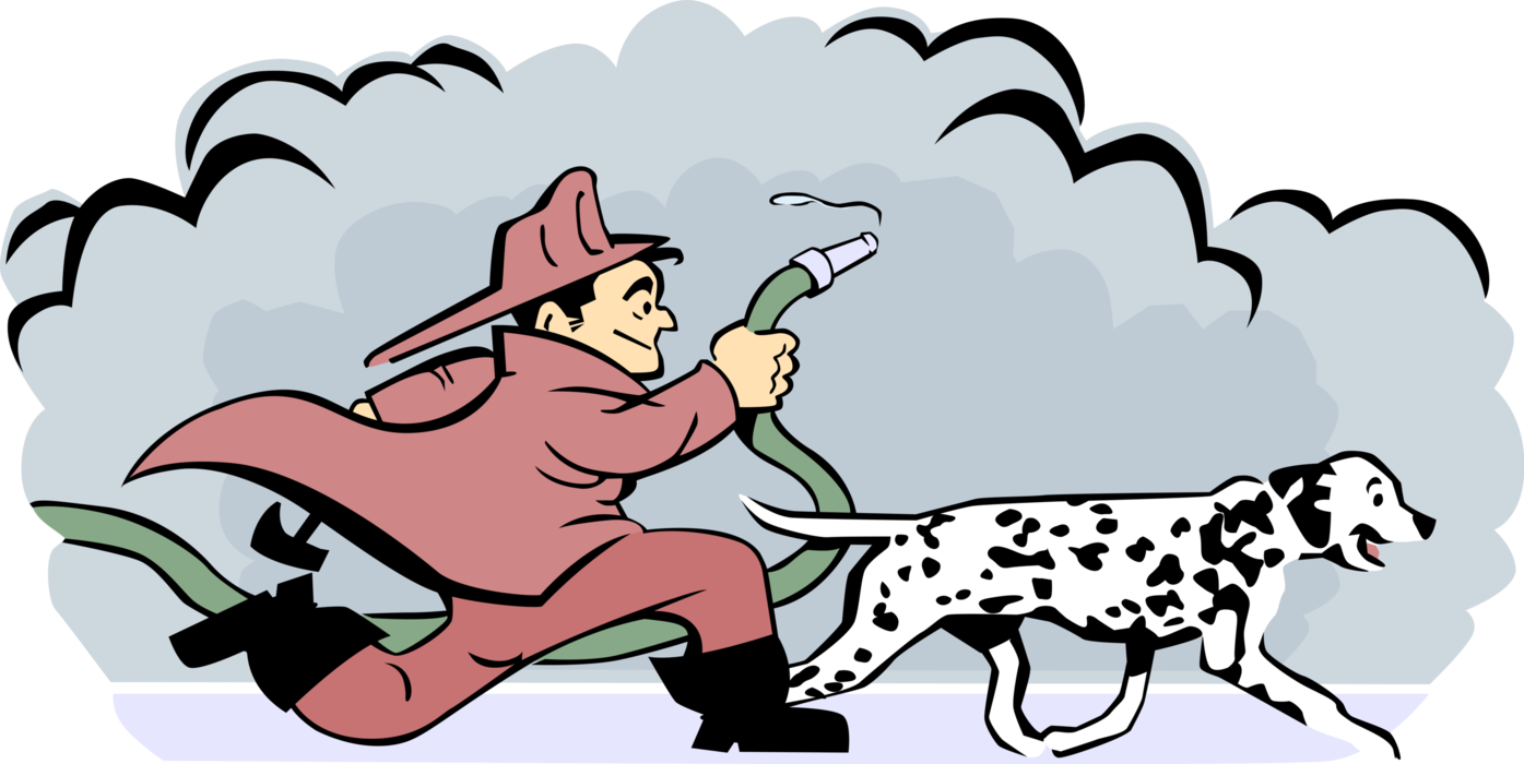 Vector Illustration of Fireman Firefighter Runs with High-Pressure Fire Hose and Dalmatian Mascot Dog