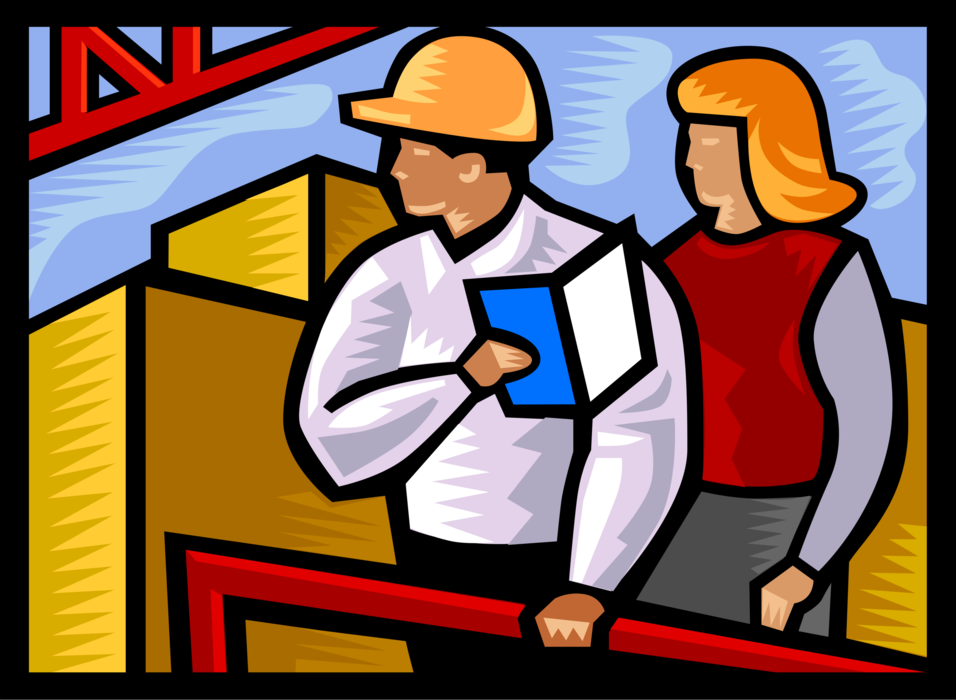 Vector Illustration of Engineers Visit Construction Site to Monitor Building Progress