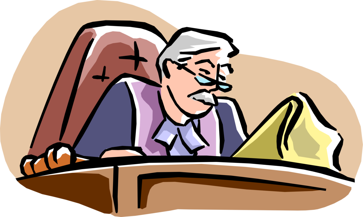 Vector Illustration of Judge Reviews Legal Case Before Passing Sentence from the Bench in Courtroom