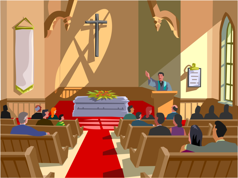 Vector Illustration of Christian Religion Church Funeral Service with Coffin Casket