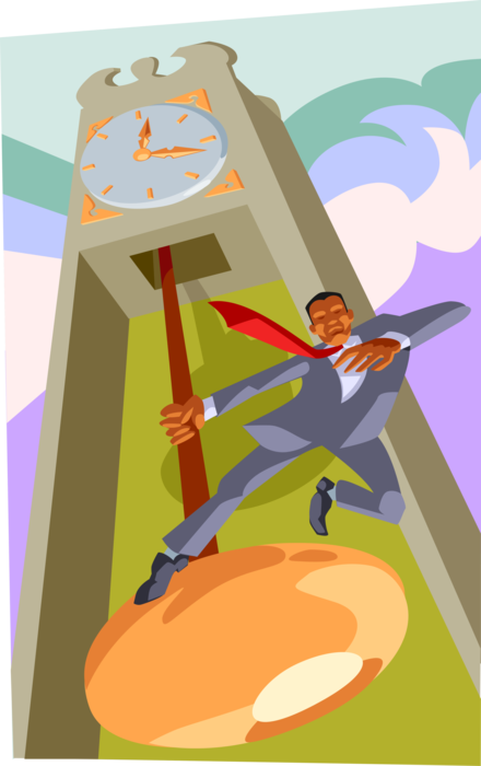 Vector Illustration of Businessman Trapped in Time on Grandfather Clock Pendulum
