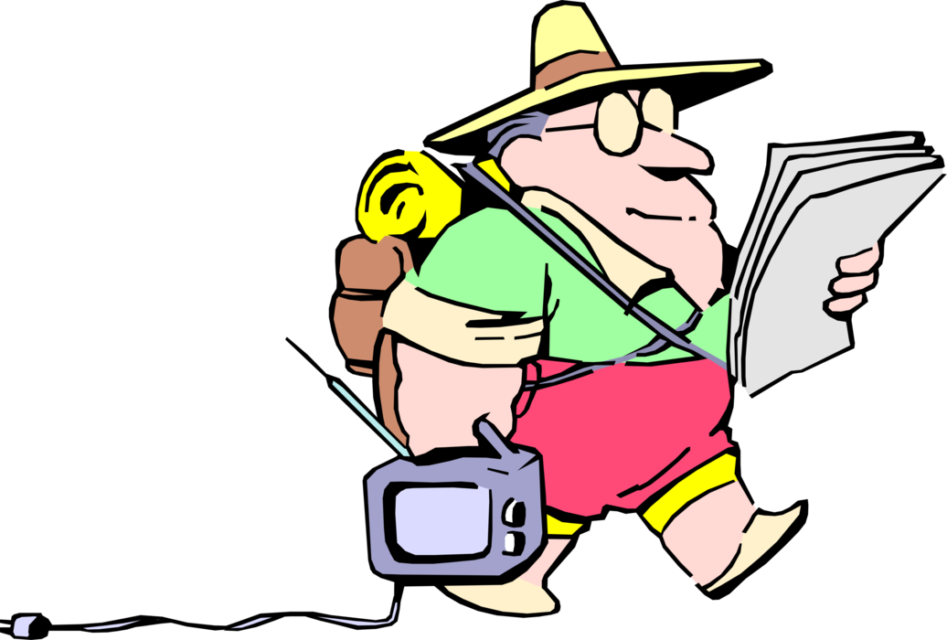 Vector Illustration of Executive on Vacation Holiday Walks with Gear and Television