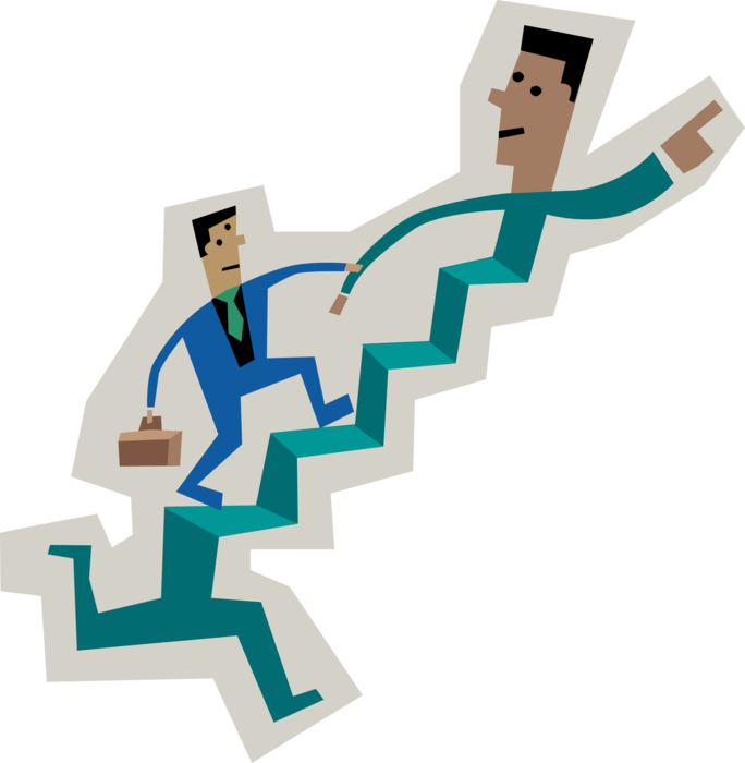 Vector Illustration of Businessman Running Up Stairs Gets Helping Hand