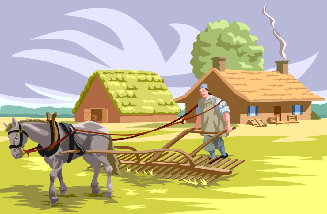 Vector Illustration of Early American Farming Flemish Style Field Cultivation with Horse and Farmer